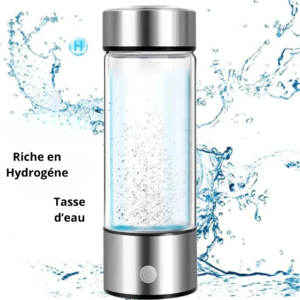 Bouteille à eau hydrogène en verre borosilicaté, améliore la santé cellulaire et offre une hydratation optimale.