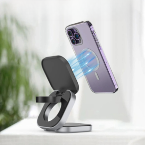 Support de charge magnétique 3 en 1 pour Samsung et iPhone, avec design pliable.