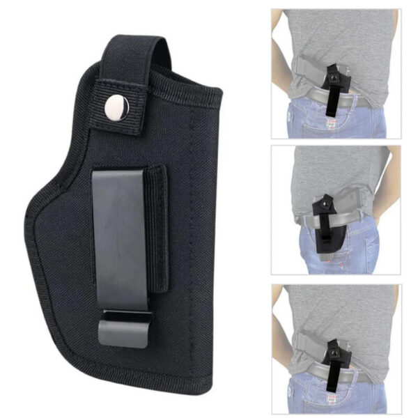 Image du holster avec pistolet : Holster de ceinture avec un pistolet, montrant la compatibilité avec différents modèles d'armes.