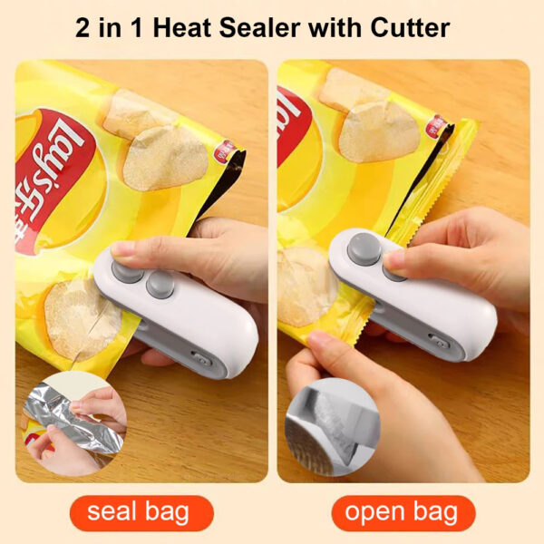 Image de la scelleuse en action : Utilisation de la thermoscelleuse pour refermer un sac de chips.