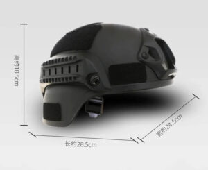 Image des dimensions du casque : Vue détaillée des dimensions et des caractéristiques ajustables du casque militaire