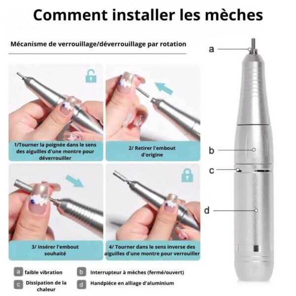 Perceuse à ongles portable pour manucure avec moteur sans balais et faible bruit.