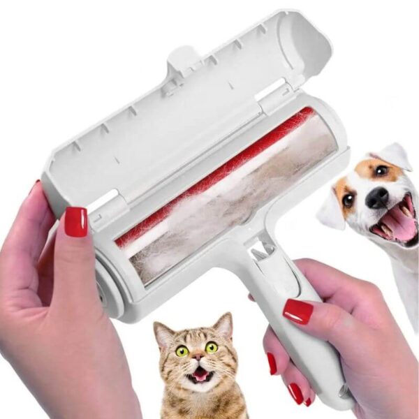 Brosse anti-poils blanche et rouge – design ergonomique et pratique.
